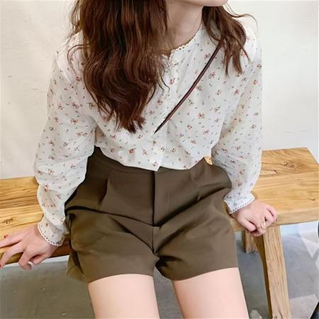 YF5859# 图片色春秋小清新碎花长袖花边领系扣宽松显瘦别致上衣新款