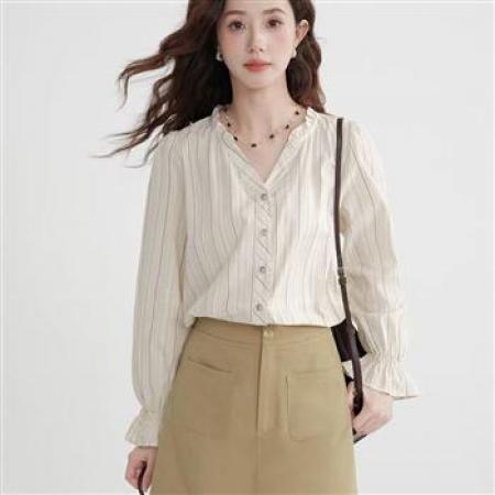 YF5858# 图片色甜美春秋V领木耳长袖系扣宽松显瘦小清新休闲百搭上衣