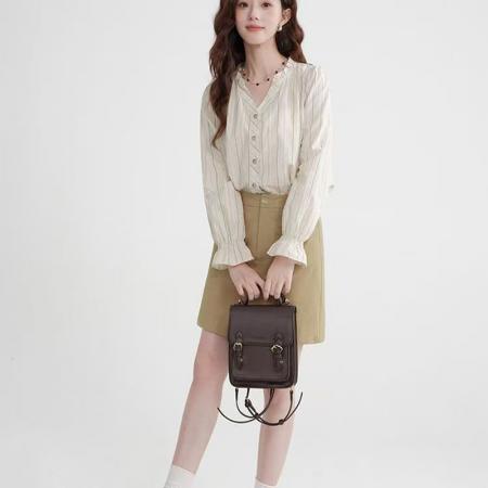 YF5858# 图片色甜美春秋V领木耳长袖系扣宽松显瘦小清新休闲百搭上衣