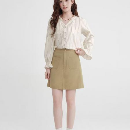 YF5858# 图片色甜美春秋V领木耳长袖系扣宽松显瘦小清新休闲百搭上衣