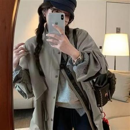 YF5857# 图片色英伦风补丁长袖立领排扣抽绳束腰休闲百搭高级感风衣 外套