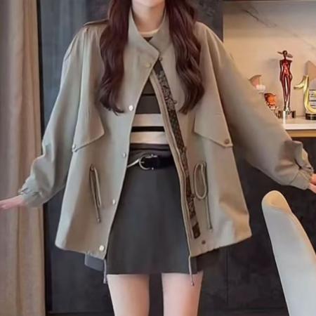 YF5857# 图片色英伦风补丁长袖立领排扣抽绳束腰休闲百搭高级感风衣 外套