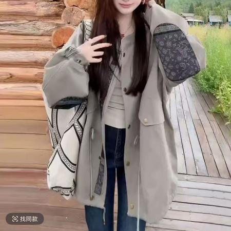 YF5857# 图片色英伦风补丁长袖立领排扣抽绳束腰休闲百搭高级感风衣 外套