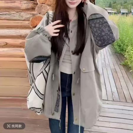 YF5857# 图片色英伦风补丁长袖立领排扣抽绳束腰休闲百搭高级感风衣 外套