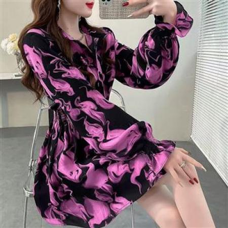 YF5856# 图片色甜美时尚泡泡袖翻领松紧腰扎染印花洋气中长款秋冬衬衣