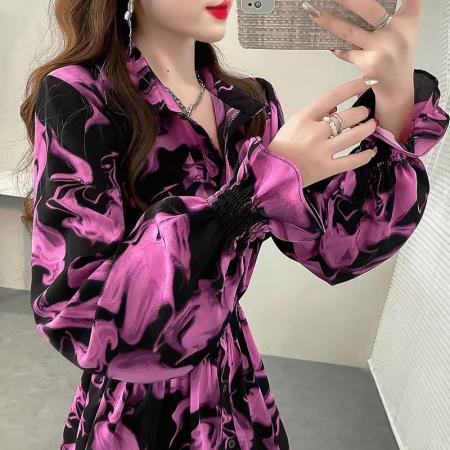 YF5856# 图片色甜美时尚泡泡袖翻领松紧腰扎染印花洋气中长款秋冬衬衣