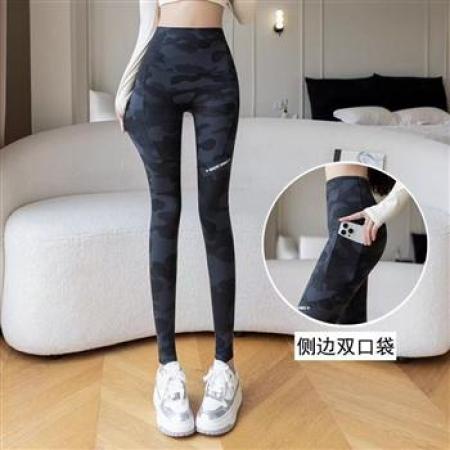 YF5855# 秋冬时尚迷彩印花收腹高腰侧口袋设计弹力包臀紧身裤