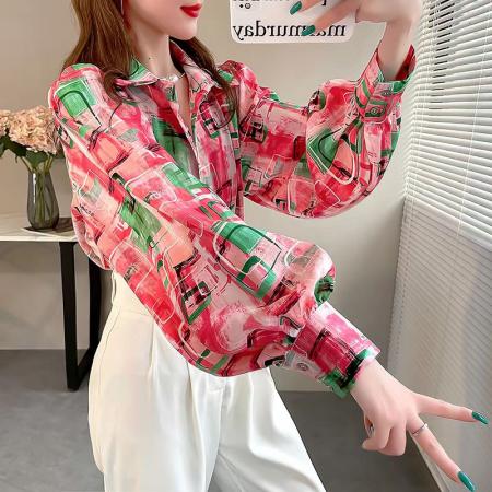 YF5854# 图片色韩版春秋时尚灯笼袖翻领宽松大码红色碎花印花雪纺上衣