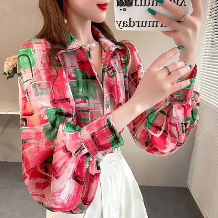 YF5854# 图片色韩版春秋时尚灯笼袖翻领宽松大码红色碎花印花雪纺上衣