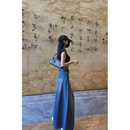 LN76270# 复古设计感水洗蓝色高腰显瘦牛仔半身长裙配腰带