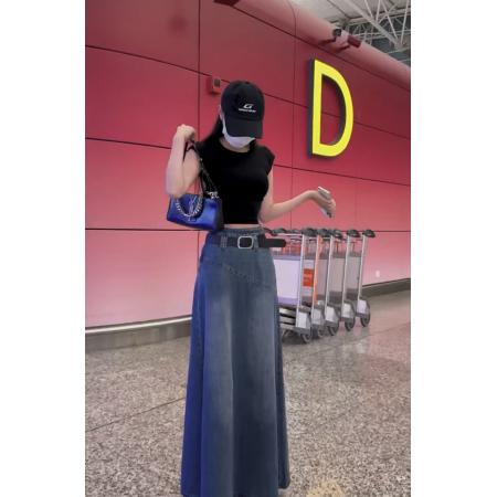 LN76270# 复古设计感水洗蓝色高腰显瘦牛仔半身长裙配腰带