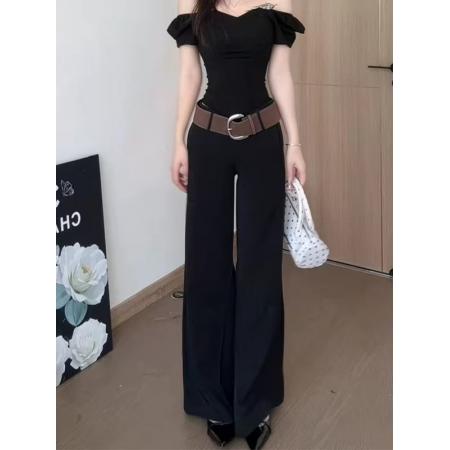 FA39431# 黑色微喇西装裤女秋季新款高级感宽松显瘦百搭休闲阔腿拖地裤 服裝批發女裝批發服飾貨源