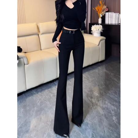 FA39435# 黑色弹力微喇西装裤女秋冬新款气质高腰修身显瘦拖地马蹄裤子 服裝批發女裝批發服飾貨源
