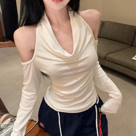 FA39441# 新款辣妹条纹露背荡领一字肩长袖T恤上衣女 服裝批發女裝批發服飾貨源
