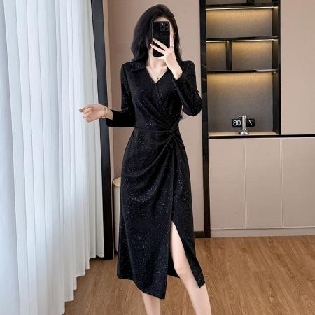 FA39447# 亮晶晶时尚洋气修身气质显瘦大码女装胖mm长袖中长款开叉连衣裙秋 服裝批發女裝批發服飾貨源