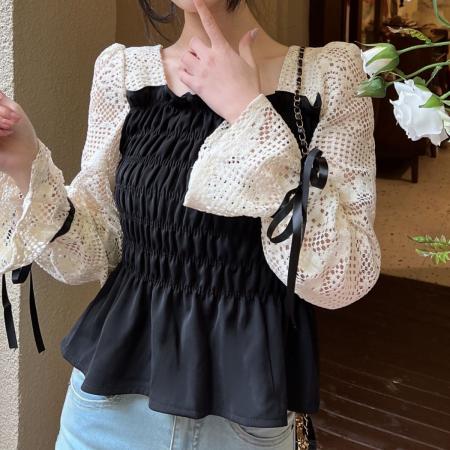 FA39448# 早秋新款女装复古蕾丝绣花拼接褶皱收腰衬衫上衣潮 服裝批發女裝批發服飾貨源