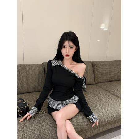 FA39451# 假两件格子斜肩长袖t恤女秋冬辣妹一字肩上衣打底衫内搭 服裝批發女裝批發服飾貨源