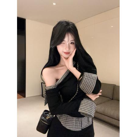 FA39451# 假两件格子斜肩长袖t恤女秋冬辣妹一字肩上衣打底衫内搭 服裝批發女裝批發服飾貨源