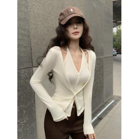 FA39453# 辣妹假两件挂脖长袖T恤女秋季小众修身显瘦开衫上衣 服裝批發女裝批發服飾貨源
