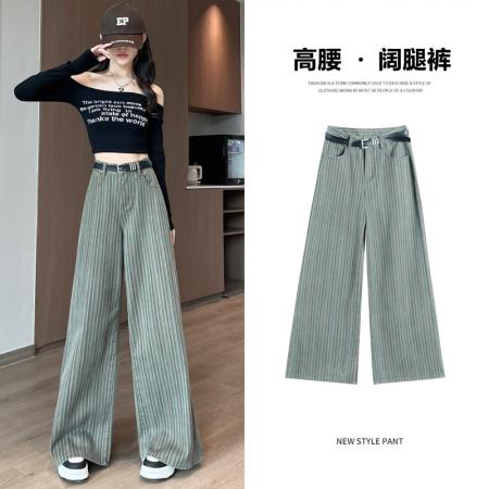 FA39454# 复古美式条纹阔腿牛仔裤女秋季新款超火宽松遮肉慵懒风大脚裤 服裝批發女裝批發服飾貨源