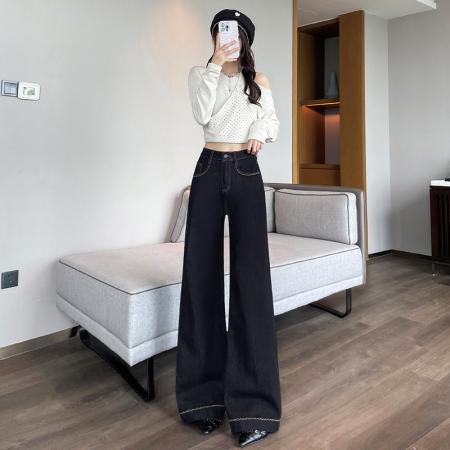 FA39455# 黑金色微喇牛仔裤女秋新高腰弹力刺绣宽松阔腿大喇叭拖地裤 服裝批發女裝批發服飾貨源