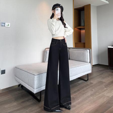 FA39455# 黑金色微喇牛仔裤女秋新高腰弹力刺绣宽松阔腿大喇叭拖地裤 服裝批發女裝批發服飾貨源