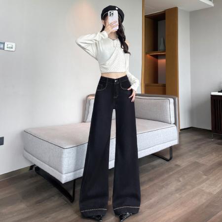 FA39455# 黑金色微喇牛仔裤女秋新高腰弹力刺绣宽松阔腿大喇叭拖地裤 服裝批發女裝批發服飾貨源