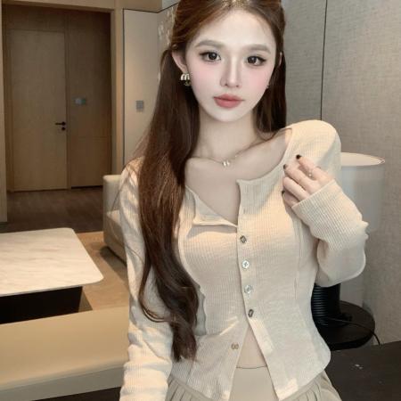 FA39466# 竹节棉绿色长袖T恤女秋冬新款纯欲辣妹修身短款上衣内搭打底衫 服裝批發女裝批發服飾貨源