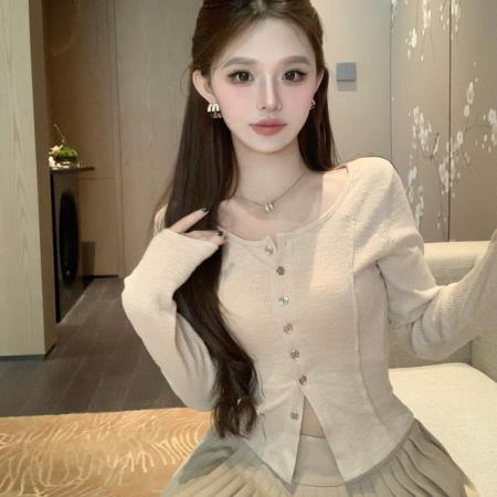 FA39466# 竹节棉绿色长袖T恤女秋冬新款纯欲辣妹修身短款上衣内搭打底衫 服裝批發女裝批發服飾貨源
