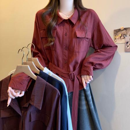 FA39468# 新版韩风早秋设计感腰带收腰衬衫上衣 服裝批發女裝批發服飾貨源