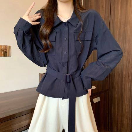 FA39468# 新版韩风早秋设计感腰带收腰衬衫上衣 服裝批發女裝批發服飾貨源