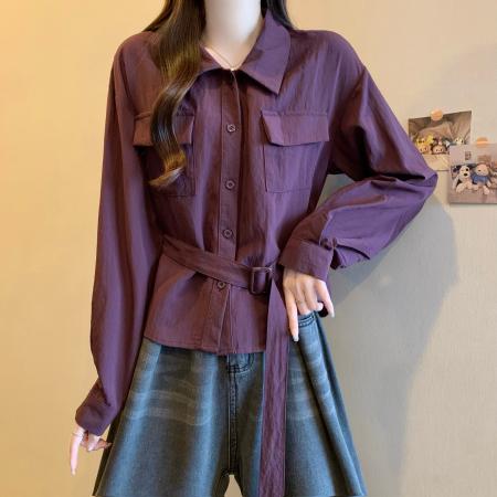 FA39468# 新版韩风早秋设计感腰带收腰衬衫上衣 服裝批發女裝批發服飾貨源