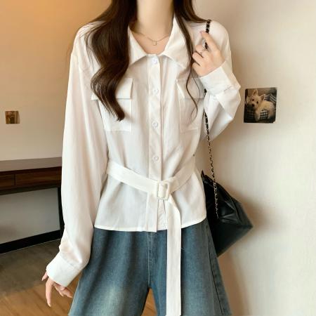FA39468# 新版韩风早秋设计感腰带收腰衬衫上衣 服裝批發女裝批發服飾貨源