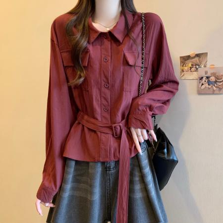 FA39468# 新版韩风早秋设计感腰带收腰衬衫上衣 服裝批發女裝批發服飾貨源
