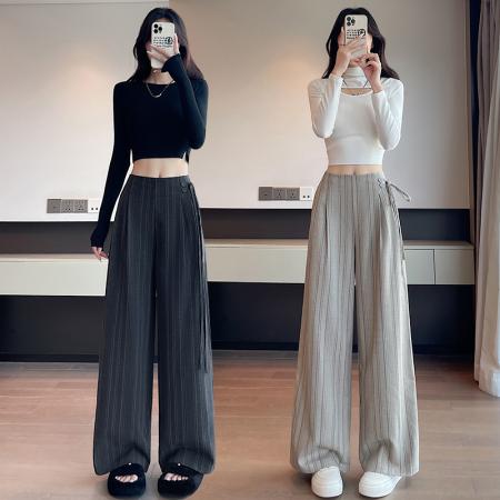 FA39473# 条纹亚麻西装阔腿裤女秋季新款设计感气质高腰显瘦百搭休闲裤 服裝批發女裝批發服飾貨源