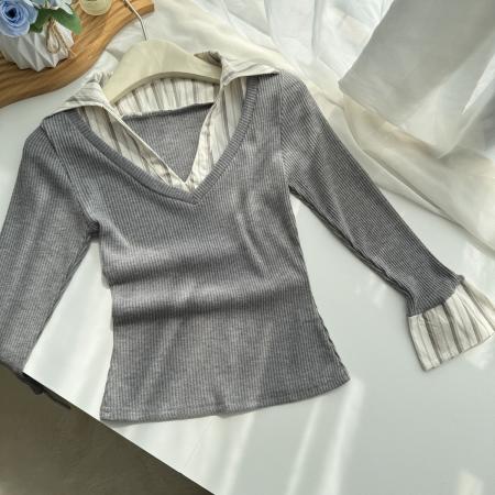 FA39480# 高智早秋假两件v领中袖针织衬衫 服裝批發女裝批發服飾貨源