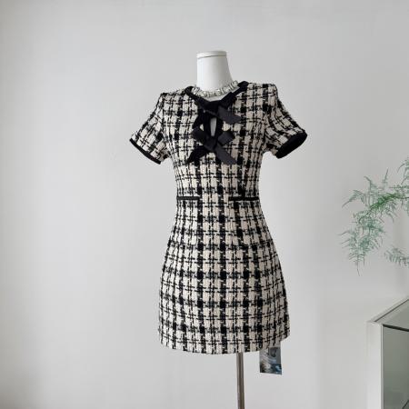 FA39486# 奢牌千鸟格蝴蝶结羊毛连衣裙 服裝批發女裝批發服飾貨源