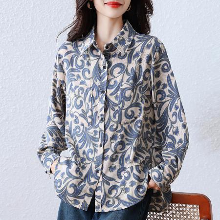 FA39487# 复古印花衬衫女高级感轻奢减龄洋气小衫秋季新款独特长袖上衣 服裝批發女裝批發服飾貨源