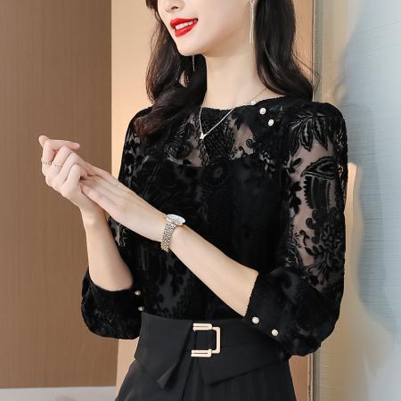 FA39494# 丝绒烂花国风植绒微透衬衣气质灯笼袖设计感上衣女蕾丝 服裝批發女裝批發服飾貨源