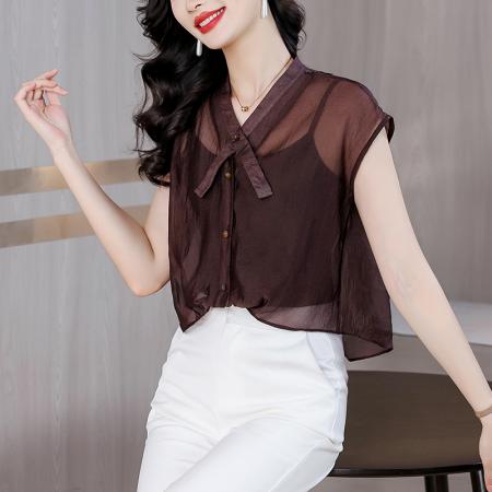 FA39496# 时尚轻薄透气后背镂空蕾丝拼接短袖衬衫女夏高级感轻熟风套头上衣 服裝批發女裝批發服飾貨源