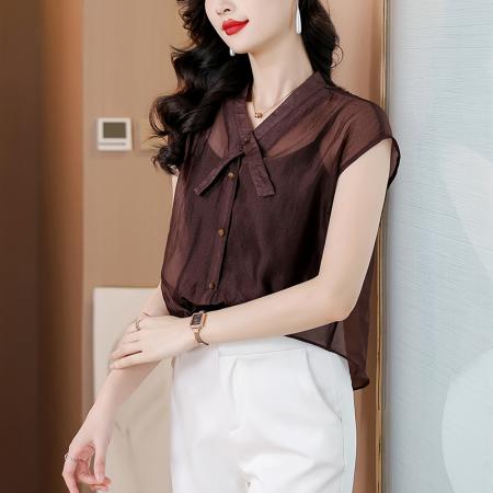 FA39496# 时尚轻薄透气后背镂空蕾丝拼接短袖衬衫女夏高级感轻熟风套头上衣 服裝批發女裝批發服飾貨源