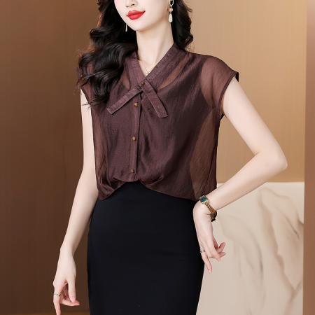 FA39496# 时尚轻薄透气后背镂空蕾丝拼接短袖衬衫女夏高级感轻熟风套头上衣 服裝批發女裝批發服飾貨源