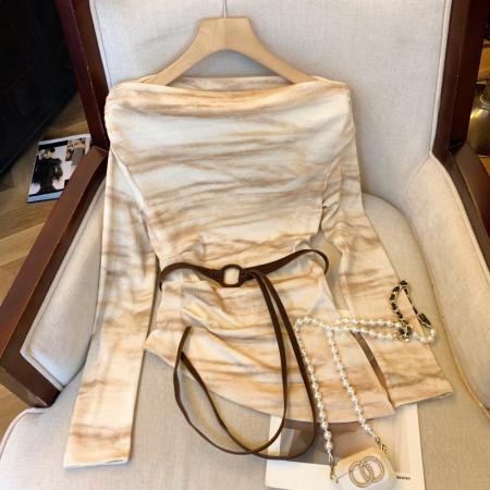 FA39498# 韩系辣妹扎染长袖t恤女T恤女早秋不规则一字肩设计感 服裝批發女裝批發服飾貨源