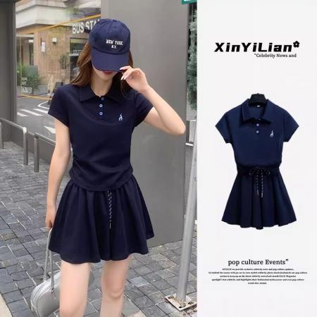 FA39501# 大码时尚休闲短裤裙套装女夏夏季洋气减龄polo衫短袖两件套 服裝批發女裝批發服飾貨源
