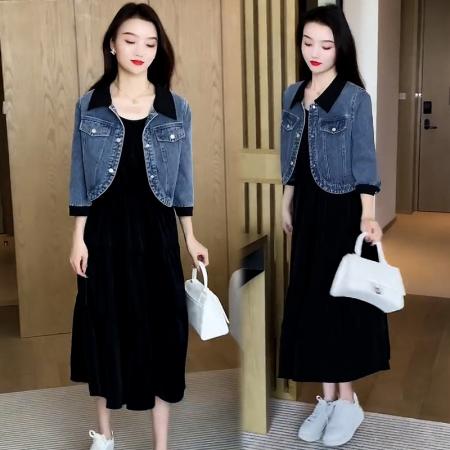 FA39506# 时尚休闲套装女春秋季新款气质牛仔外套连衣裙两件套 服裝批發女裝批發服飾貨源