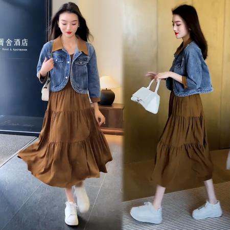 FA39506# 时尚休闲套装女春秋季新款气质牛仔外套连衣裙两件套 服裝批發女裝批發服飾貨源