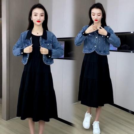 FA39506# 时尚休闲套装女春秋季新款气质牛仔外套连衣裙两件套 服裝批發女裝批發服飾貨源