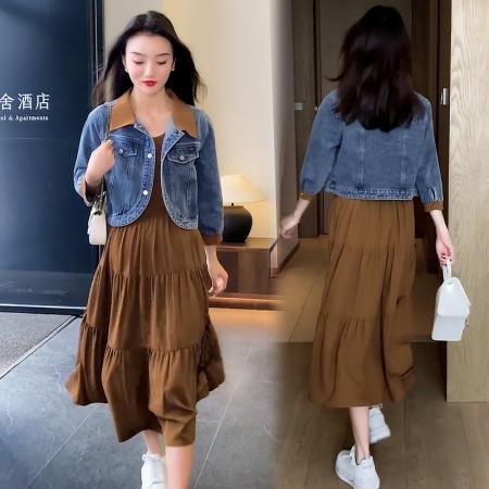 FA39506# 时尚休闲套装女春秋季新款气质牛仔外套连衣裙两件套 服裝批發女裝批發服飾貨源
