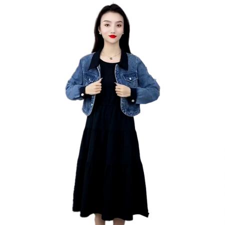 FA39506# 时尚休闲套装女春秋季新款气质牛仔外套连衣裙两件套 服裝批發女裝批發服飾貨源