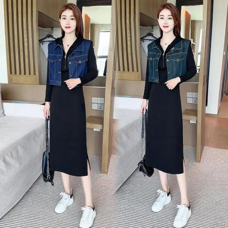 FA39508# 时尚套装裙女春秋季新款洋气减龄连帽牛仔马甲两件套 服裝批發女裝批發服飾貨源